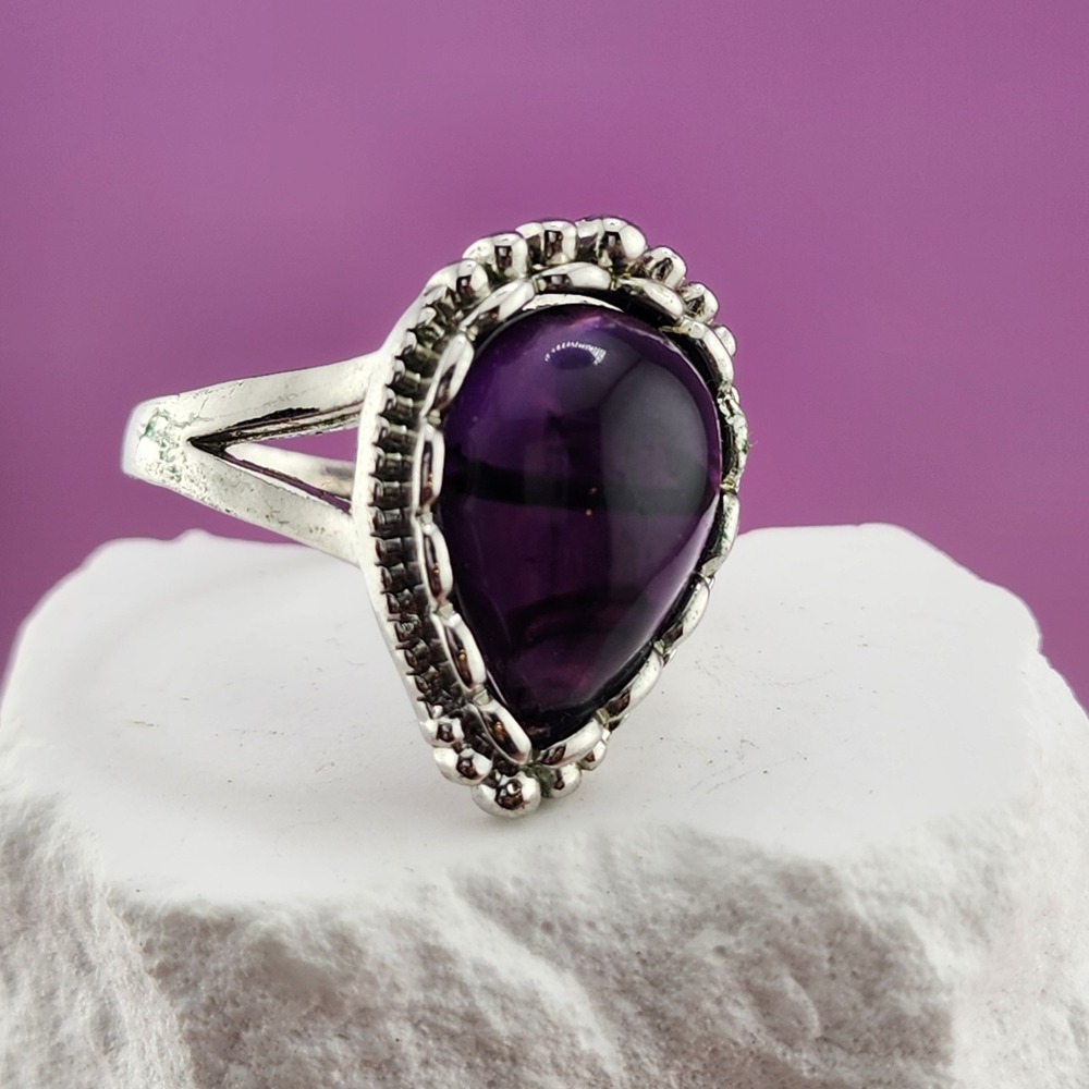 Purple Cabochon Pear Amethyst Silver Tone Statement Ring Size 11 Ornate Scroll